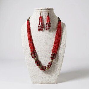 Multi Strand Glass Seed Bead, Brass And Red Glass Bead Necklace Earring
